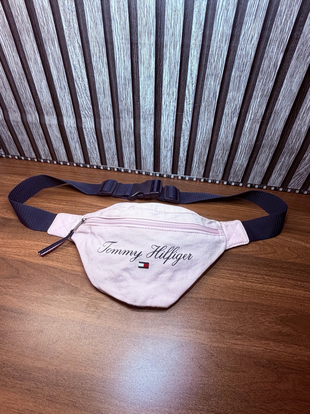 Tommy Hilfiger Light Pink Canvas Belt Bag with Navy Strap